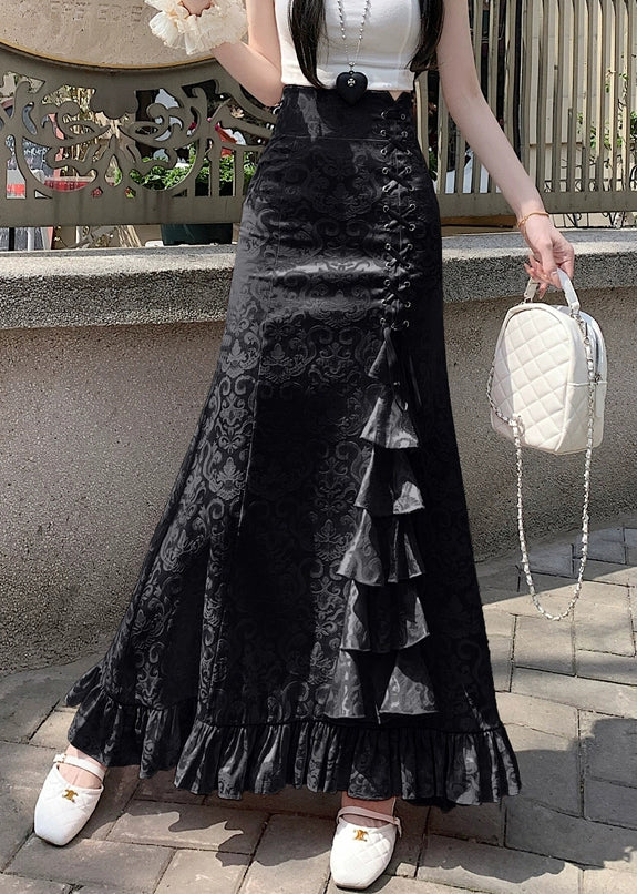Black Lace Up Cotton Fishtail Skirts High Waist