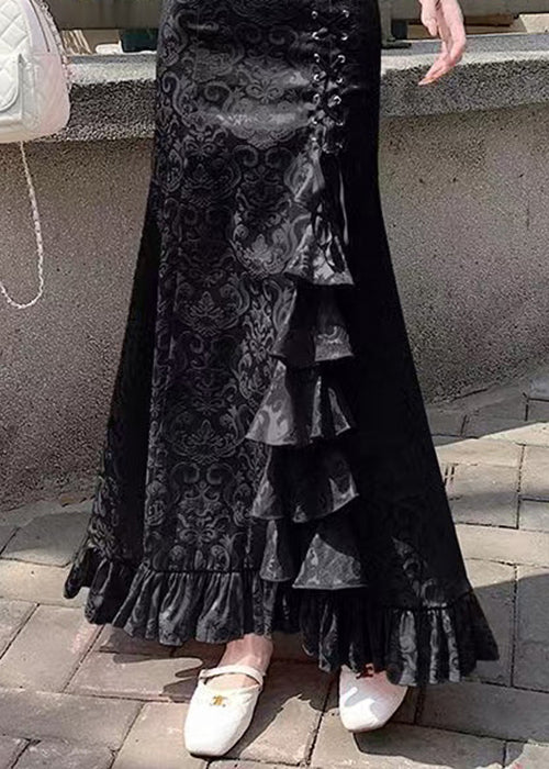 Black Lace Up Cotton Fishtail Skirts High Waist