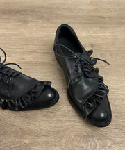 Black Lace Up Cowhide Leather Ruffled Splicing Flat Shoes