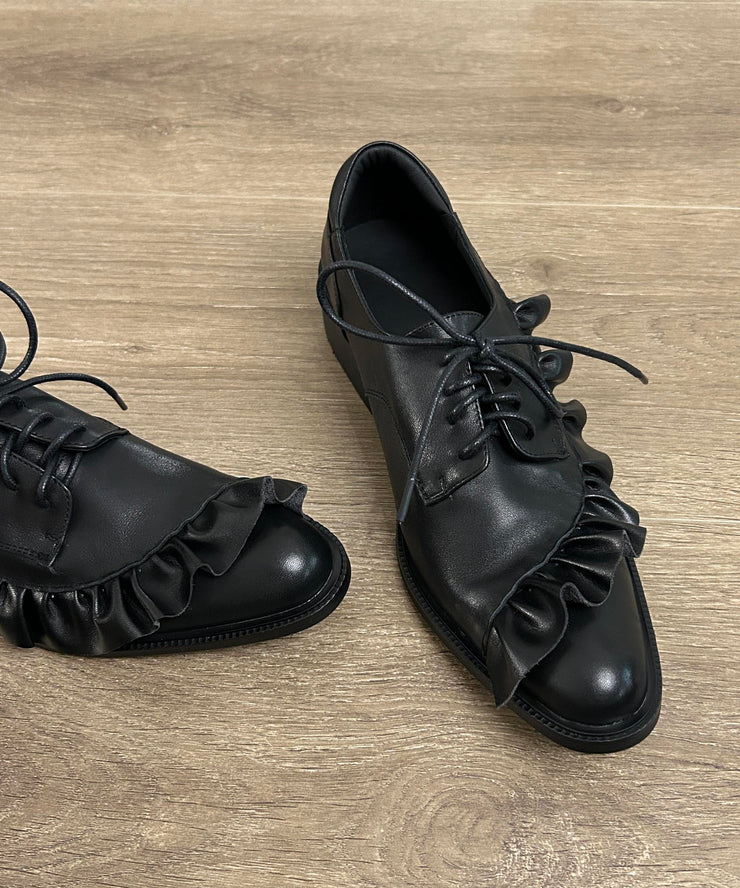 Black Lace Up Cowhide Leather Ruffled Splicing Flat Shoes