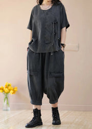 Black Lace Up Pockets Patchwork Denim Two Piece Suit Set Summer