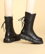 Black Lace Up Splicing Cowhide Leather Platform Boots