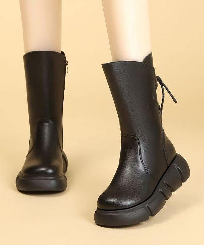 Black Lace Up Splicing Cowhide Leather Platform Boots