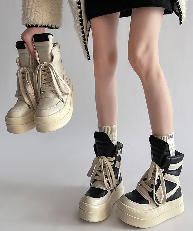 Black Lace Up Splicing Fashion Faux Leather Platform Boots