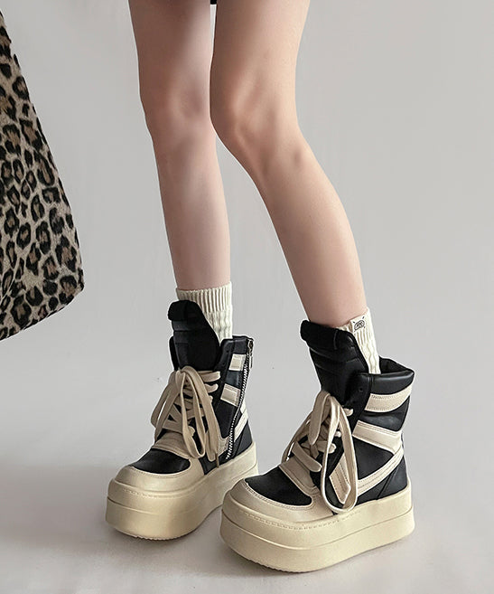 Black Lace Up Splicing Fashion Faux Leather Platform Boots