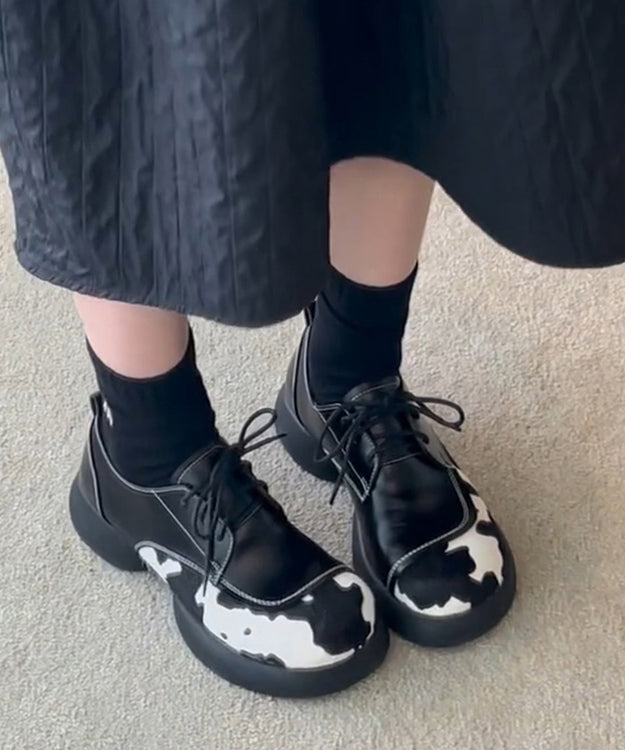 Black Lace Up Splicing Platform Loafers For Women