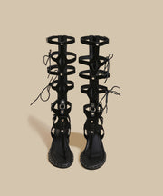 Black Lace Up Splicing Suede Wedge Gladiator Flip Flops
