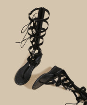 Black Lace Up Splicing Suede Wedge Gladiator Flip Flops
