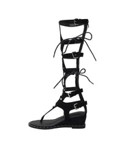 Black Lace Up Splicing Suede Wedge Gladiator Flip Flops