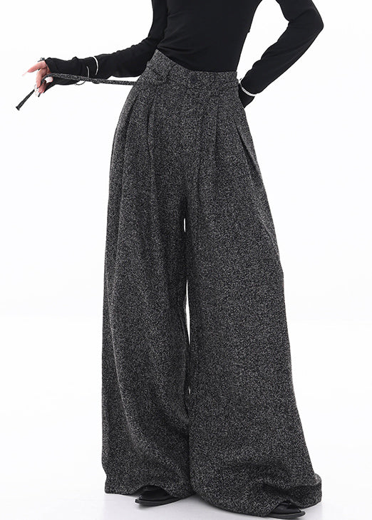 Black Lace Up Woolen Fall Wide Leg Pants High Waist