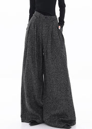 Black Lace Up Woolen Fall Wide Leg Pants High Waist