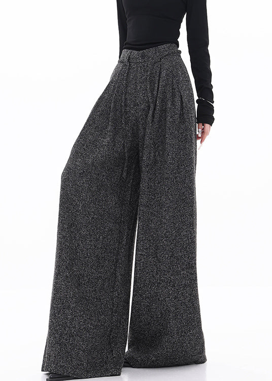 Black Lace Up Woolen Fall Wide Leg Pants High Waist