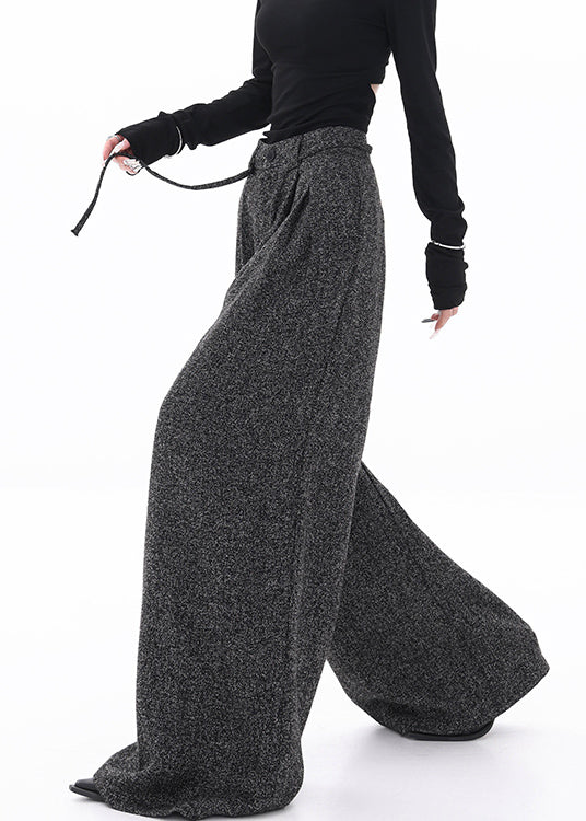 Black Lace Up Woolen Fall Wide Leg Pants High Waist