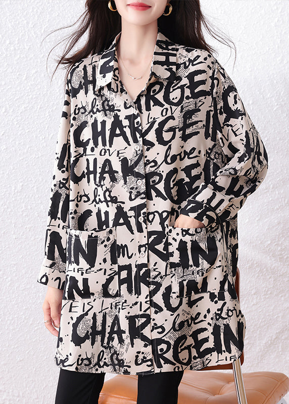 Black Letter Print Chiffon Long Shirts Oversized Fall