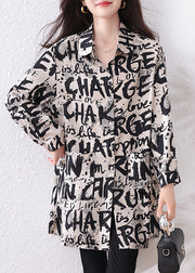 Black Letter Print Chiffon Long Shirts Oversized Fall