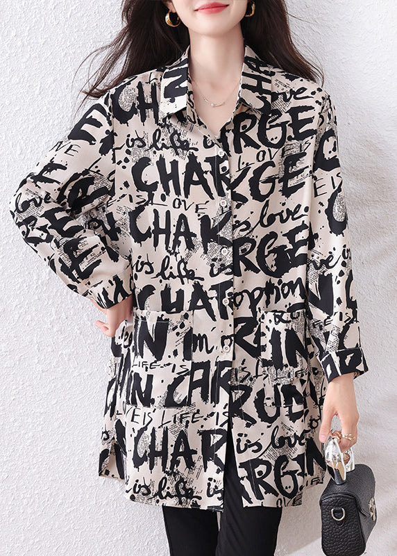 Black Letter Print Chiffon Long Shirts Oversized Fall