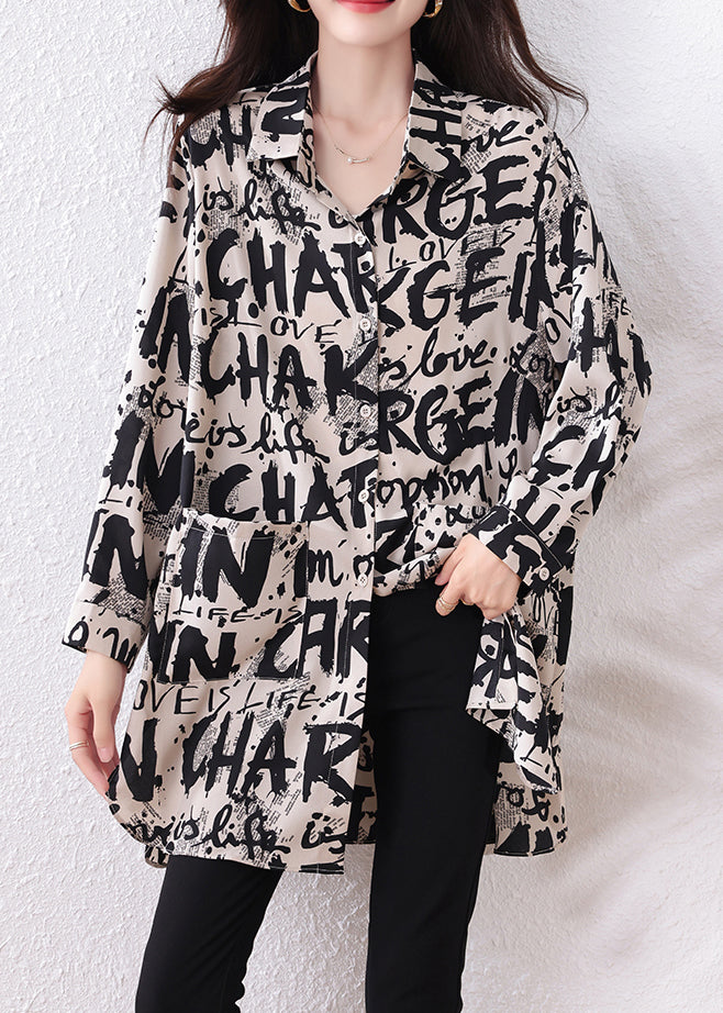 Black Letter Print Chiffon Long Shirts Oversized Fall