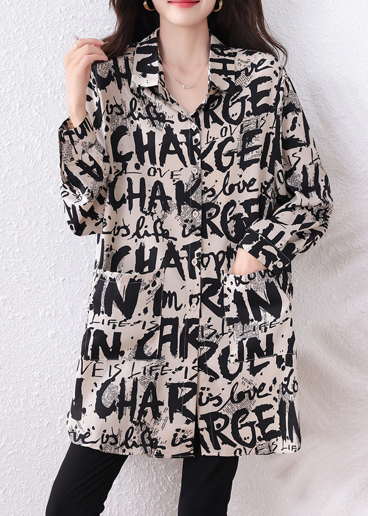 Black Letter Print Chiffon Long Shirts Oversized Fall