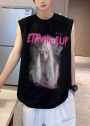 Black Letter Print Cotton Mens Tanks O Neck Sleeveless