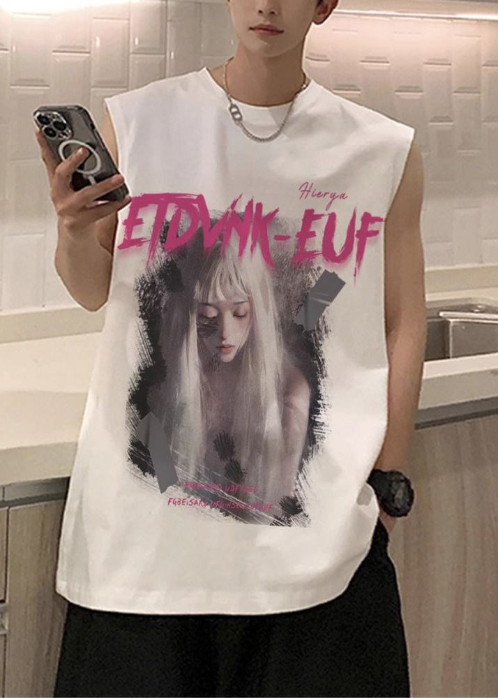 Black Letter Print Cotton Mens Tanks O Neck Sleeveless