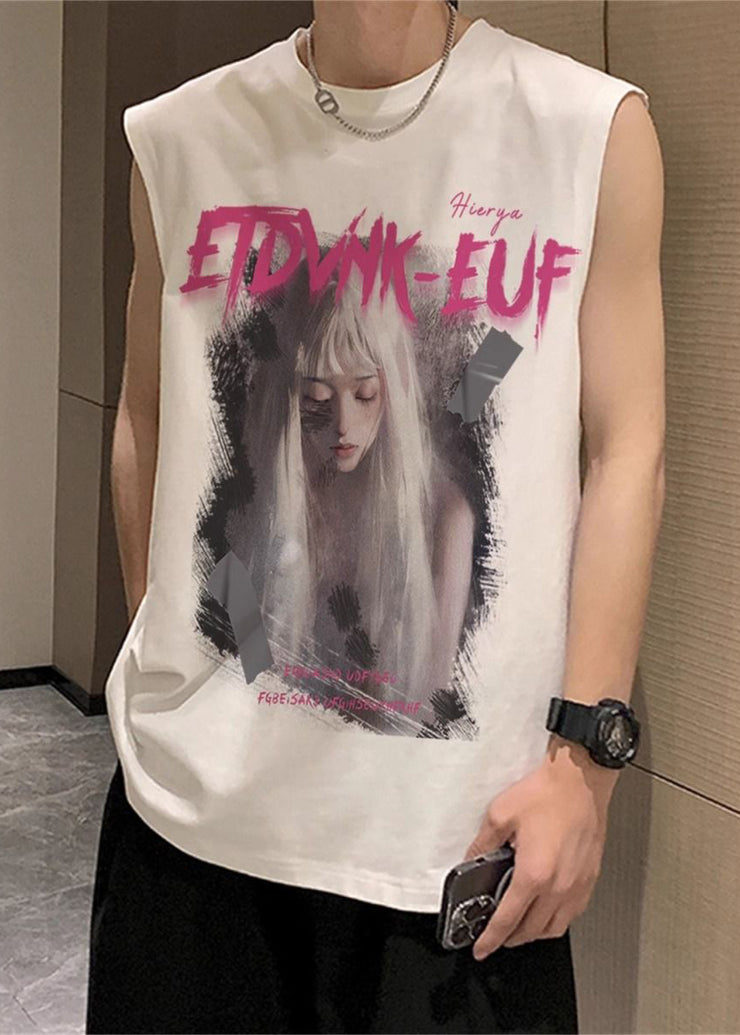 Black Letter Print Cotton Mens Tanks O Neck Sleeveless