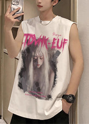Black Letter Print Cotton Mens Tanks O Neck Sleeveless
