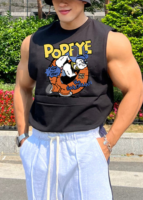 Black Letter Print Cotton T Shirt Men Tank O Neck Sleeveless