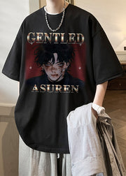 Black Letter Print Loose Cotton Mens T Shirts O Neck Summer