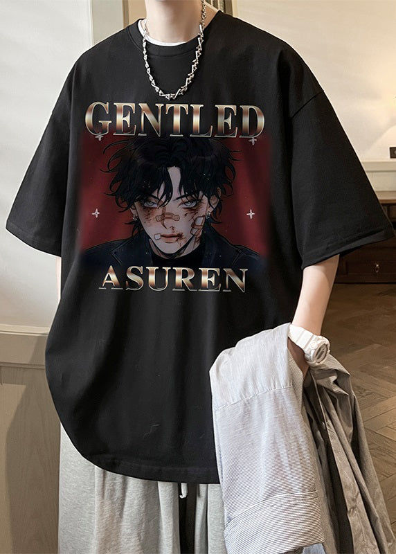 Black Letter Print Loose Cotton Mens T Shirts O Neck Summer