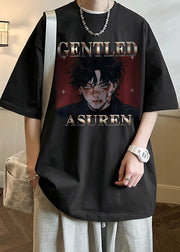 Black Letter Print Loose Cotton Mens T Shirts O Neck Summer