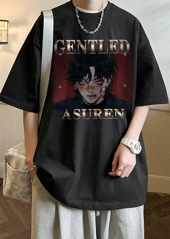 Black Letter Print Loose Cotton Mens T Shirts O Neck Summer
