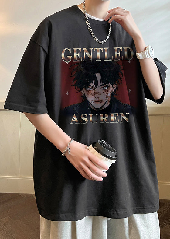 Black Letter Print Loose Cotton Mens T Shirts O Neck Summer