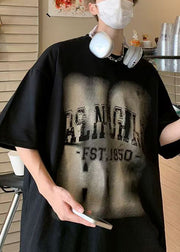 Black Letter Print Oversized Cotton Mens T Shirt O Neck Half Sleeve