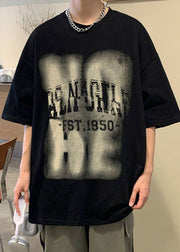 Black Letter Print Oversized Cotton Mens T Shirt O Neck Half Sleeve