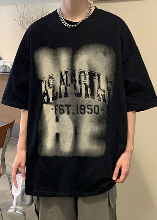 Black Letter Print Oversized Cotton Mens T Shirt O Neck Half Sleeve