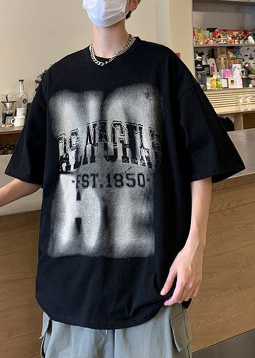 Black Letter Print Oversized Cotton Mens T Shirt O Neck Half Sleeve