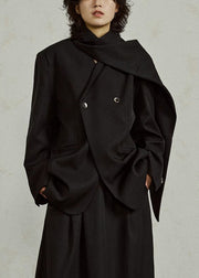Black Notched Button Solid Coats Long Sleeve