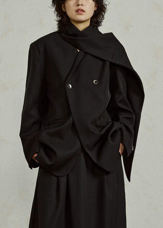 Black Notched Button Solid Coats Long Sleeve