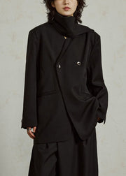 Black Notched Button Solid Coats Long Sleeve