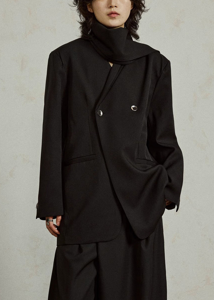 Black Notched Button Solid Coats Long Sleeve