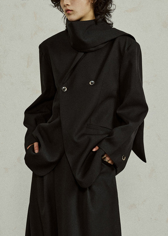 Black Notched Button Solid Coats Long Sleeve