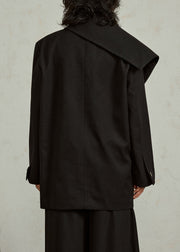 Black Notched Button Solid Coats Long Sleeve