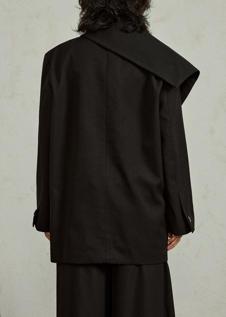 Black Notched Button Solid Coats Long Sleeve