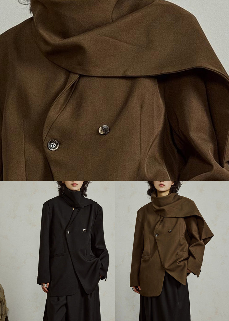 Black Notched Button Solid Coats Long Sleeve