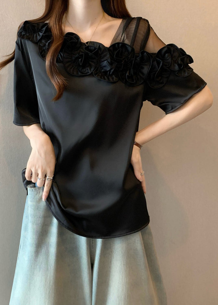 Black One Shoulder Shirt Ruffled Summer