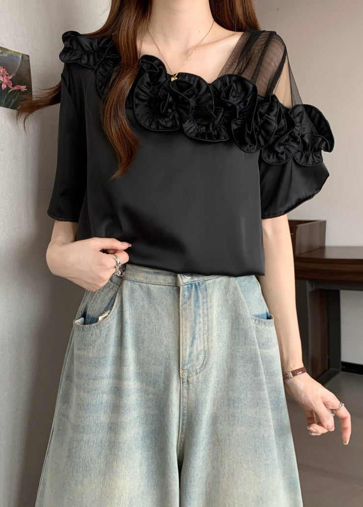 Black One Shoulder Shirt Ruffled Summer