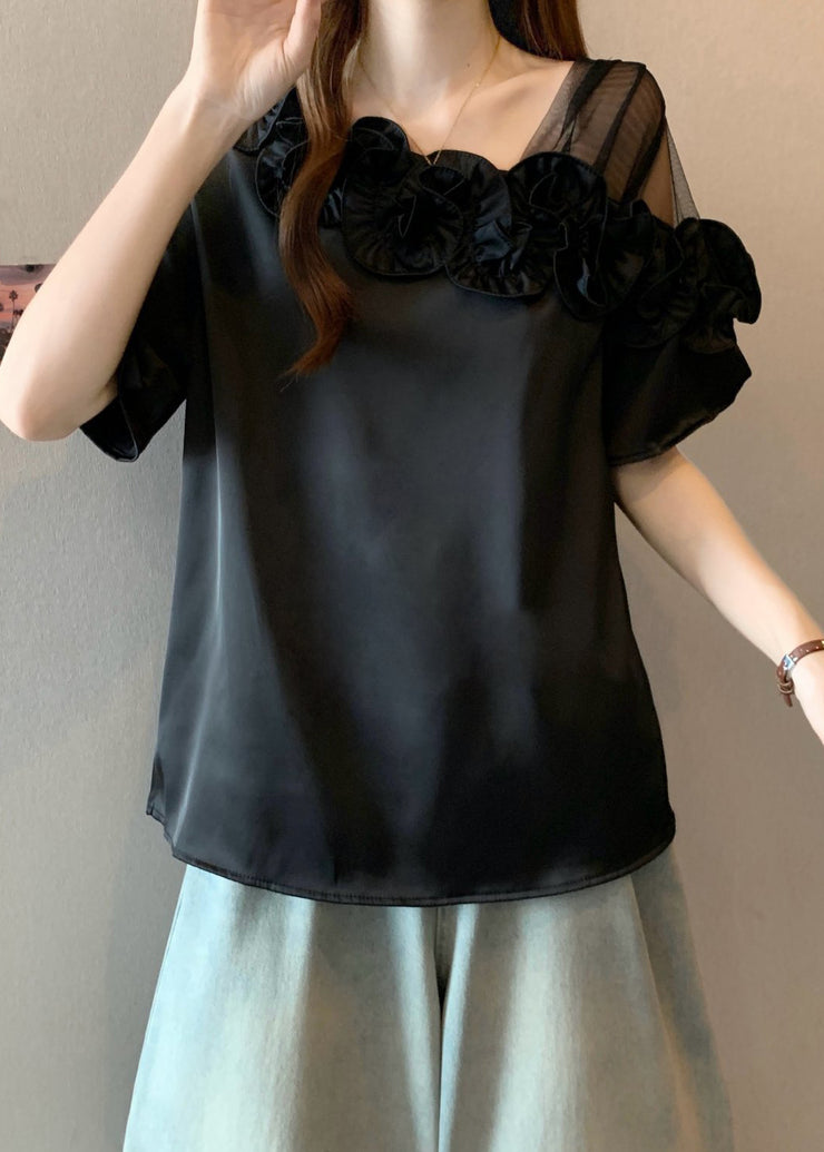 Black One Shoulder Shirt Ruffled Summer