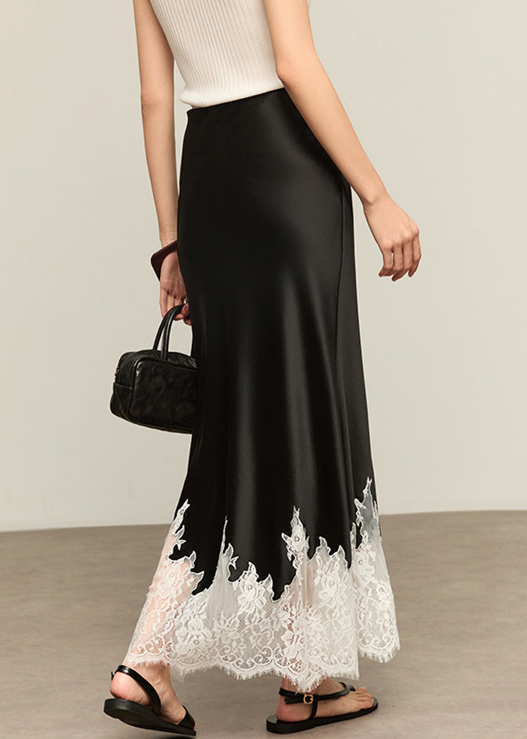 Black Original Design Lace Patchwork Silk Summer Skirt High Waist