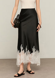 Black Original Design Lace Patchwork Silk Summer Skirt High Waist