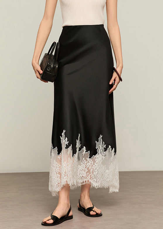 Black Original Design Lace Patchwork Silk Summer Skirt High Waist
